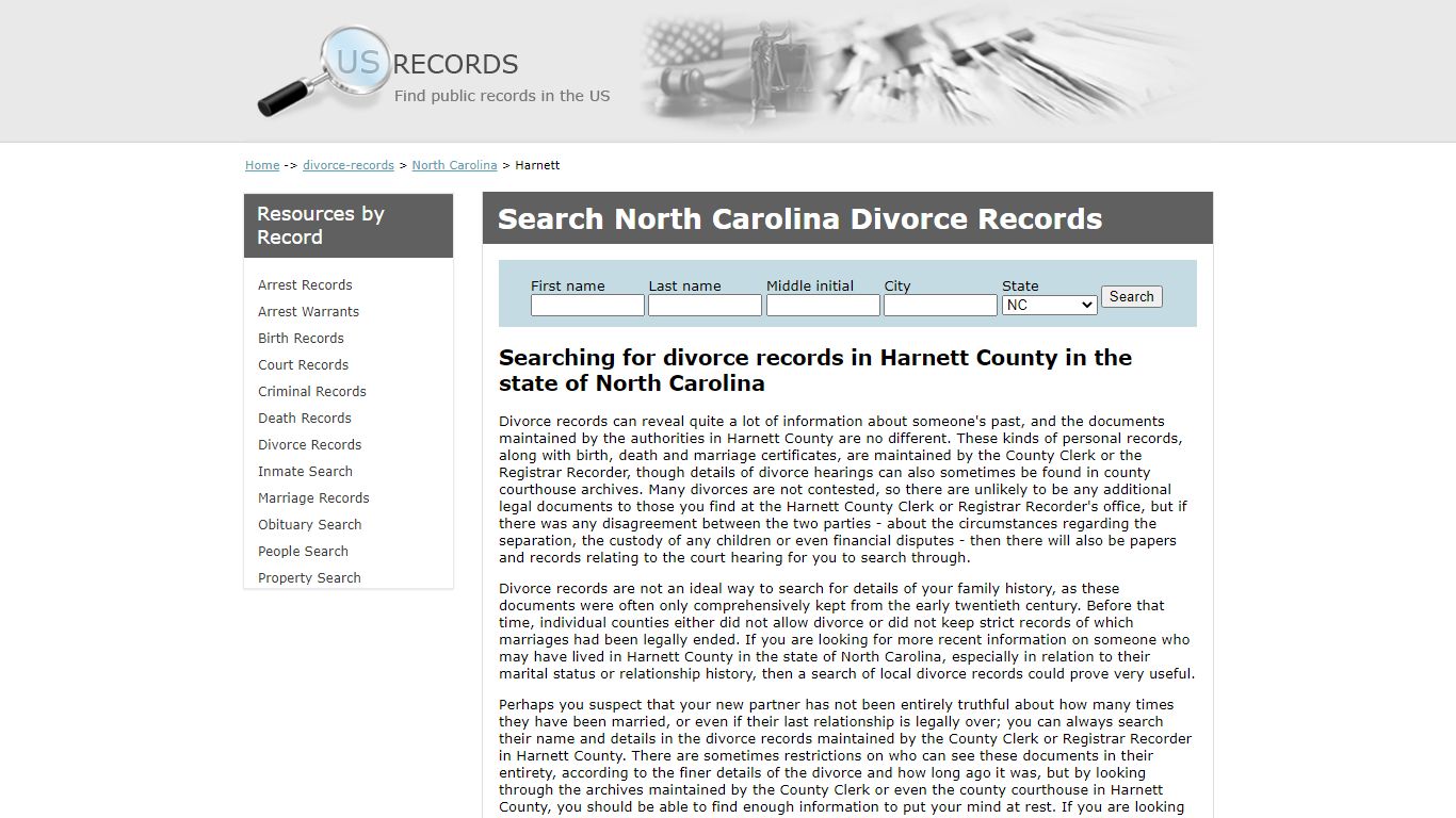 Search Divorce Records Harnett North Carolina | US Records